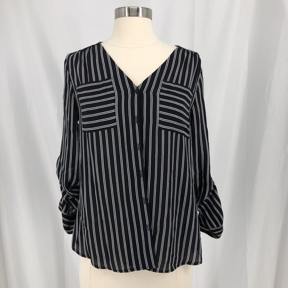 Express Black w/ White Stripes Roll Up Sleeve Button Down Shirt Size SMALL